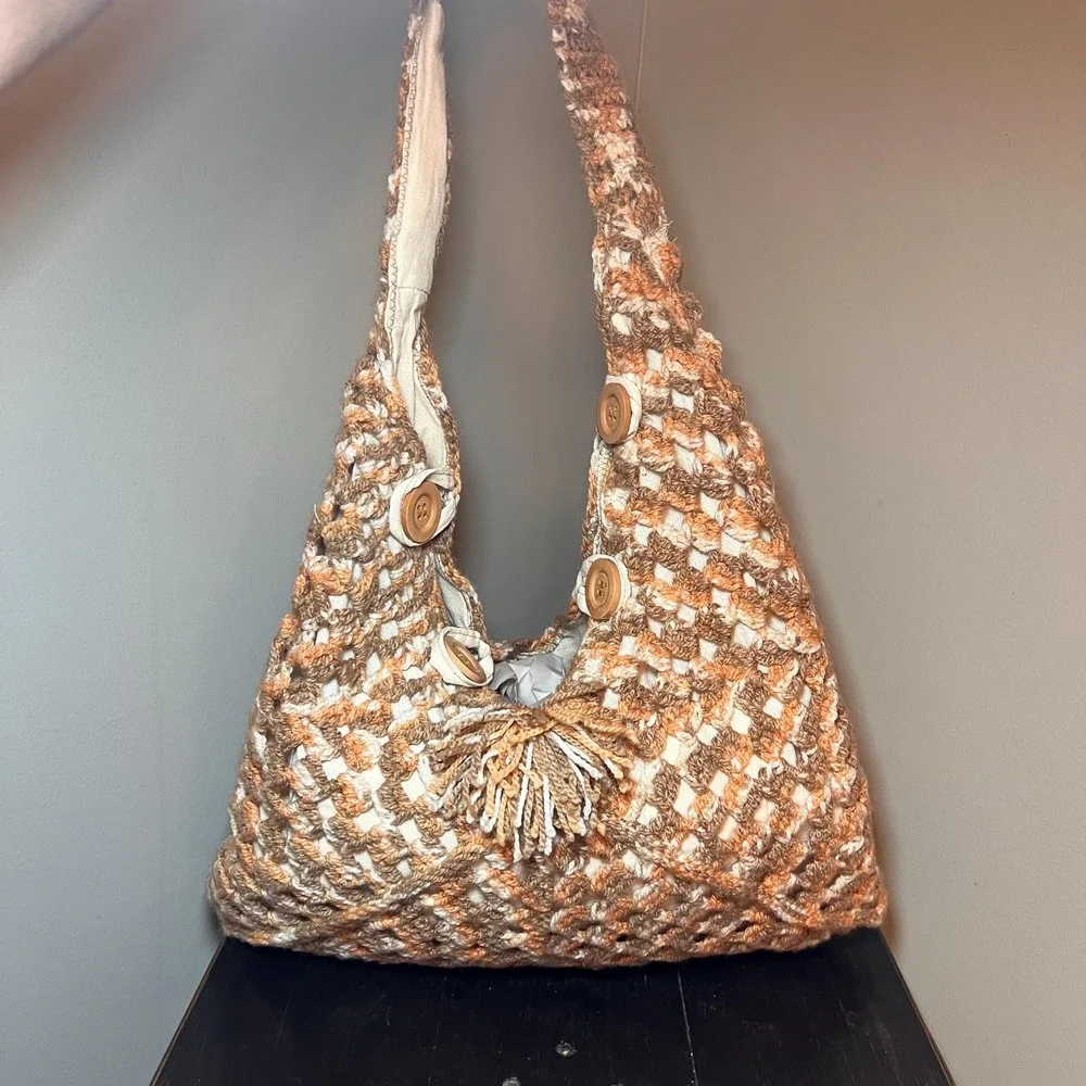 Handmade Crochet Hobo Bag Lined Boho Shoulder Purse Peach Tan Cream Wood Buttons